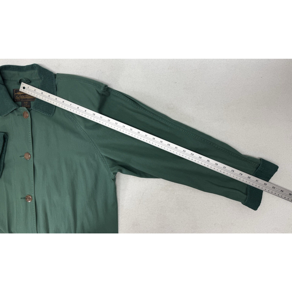 Eddie Bauer Canvas Utility Trench Coat Duster Corduroy Trim Green Womens Large - Picture 9 of 10